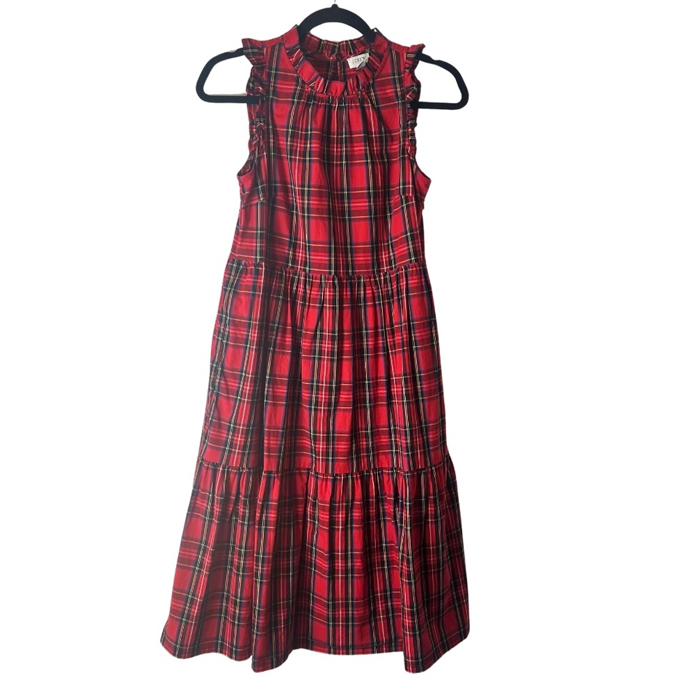 J Crew Classic Red Tartan Plaid Tiered Ruffle Midi Dress